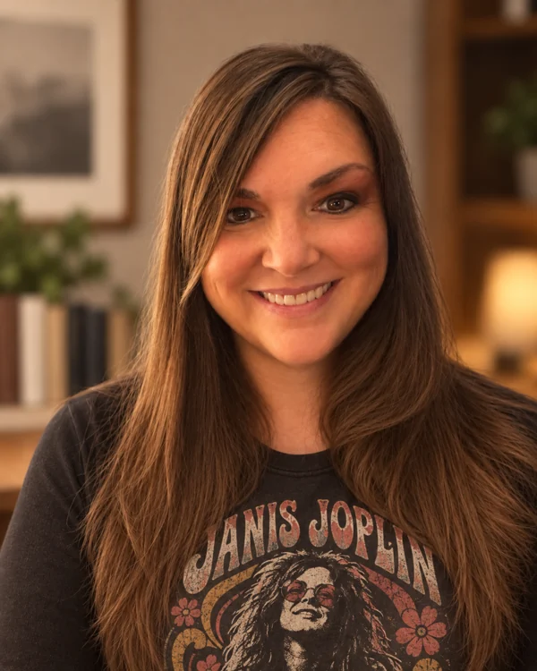 Melissa Hallman smiling in her Janis Joplin shirt