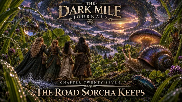 Sorcha’s world expands: travelers look across a luminous underworld beside an enormous snail